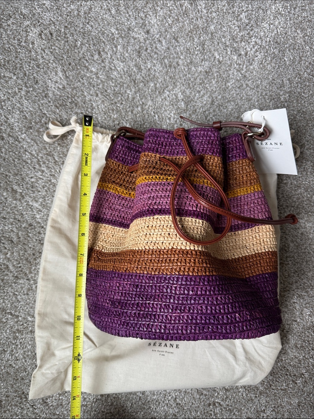Sezane Farrow Woven Striped Drawstring Bucket Bag - Picture 10 of 10